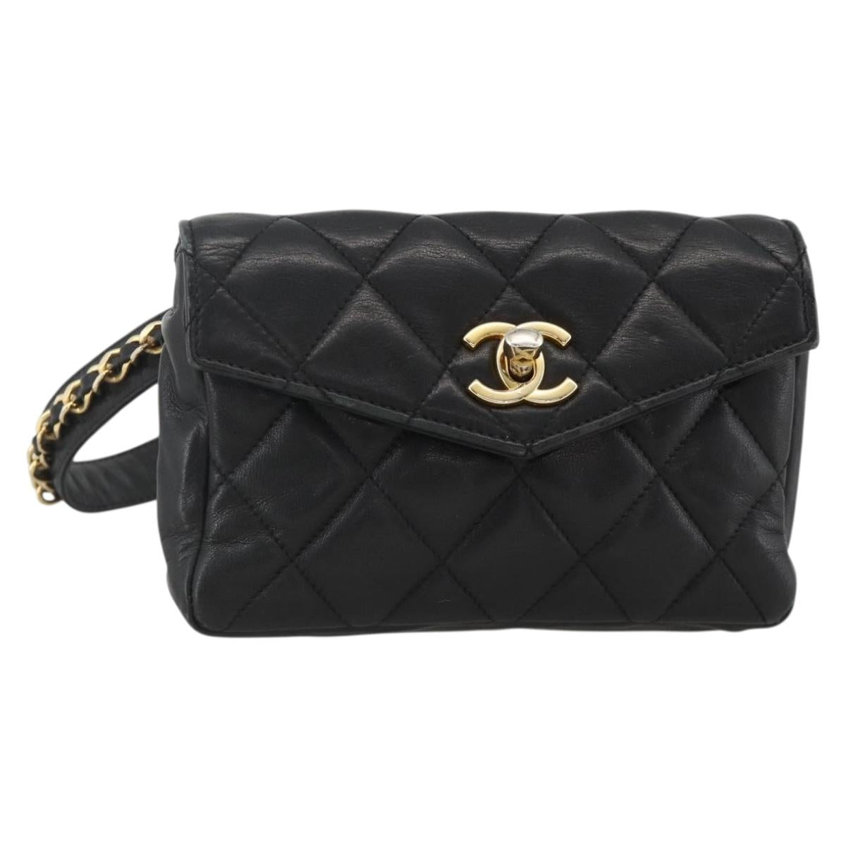 YKZ961 CHANEL Matelasse Waist bag Lamb Skin Black Gold CC Auth