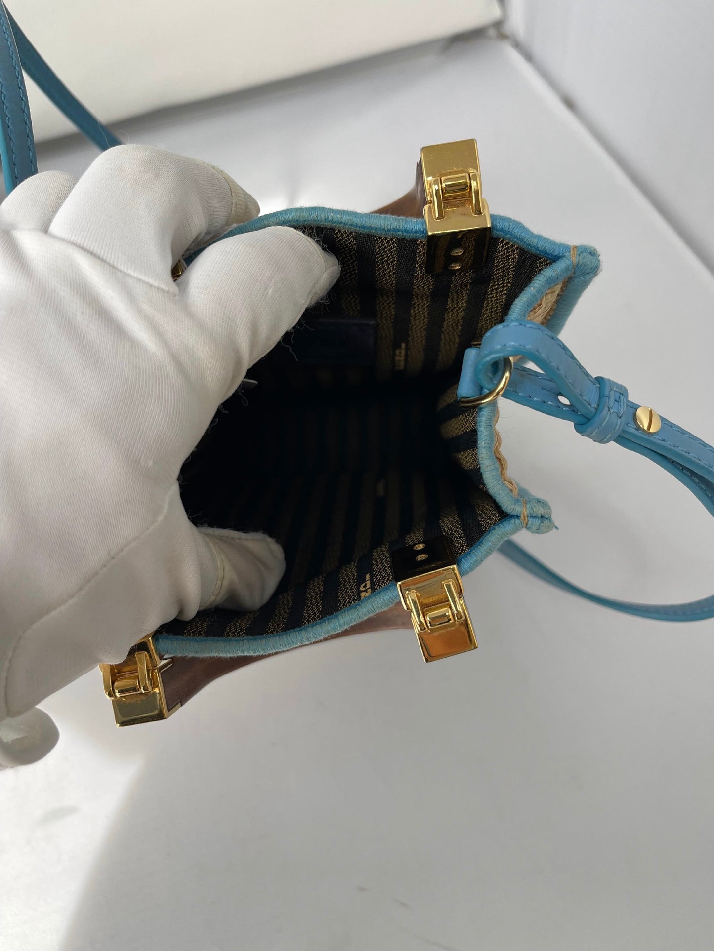 Fendi Blue Leather and Straw Sunshine Mini Crossbody Tote Bag