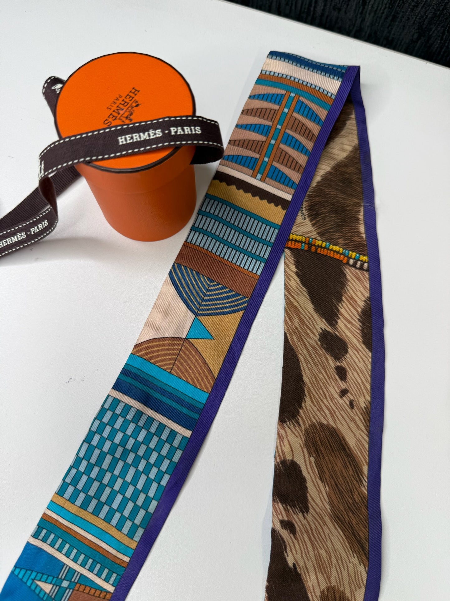 Hermès Twilly Scarf in a Geometric and Animal Print Design (JP)