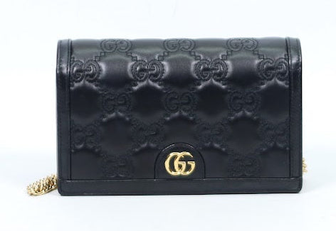 Gucci Black Leather GG Chain Wallet ONE Crossbody Bag 723787