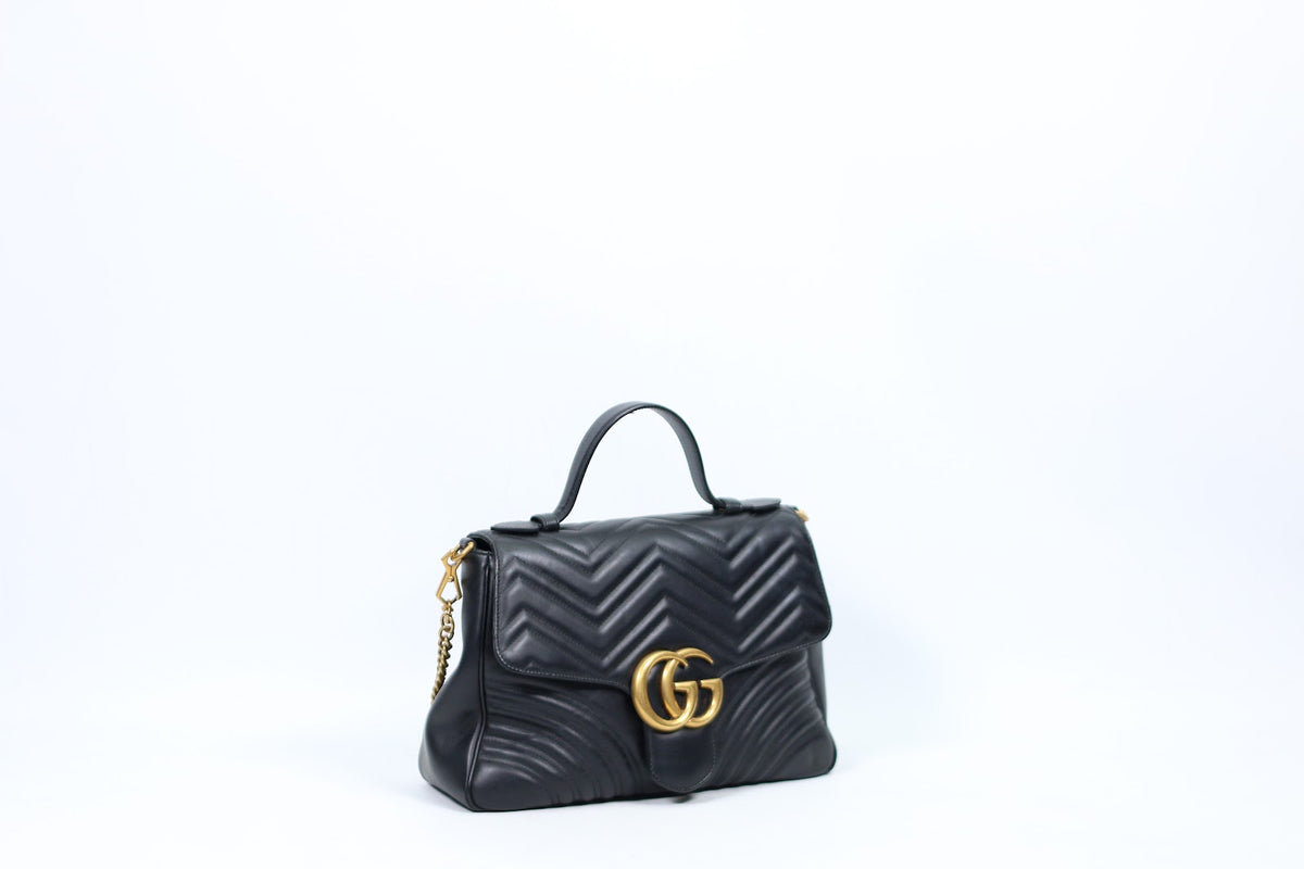 Gucci Black Leather Matelasse GG Marmont Top Handle Medium Shoulder Bag 498109 (V7255829)