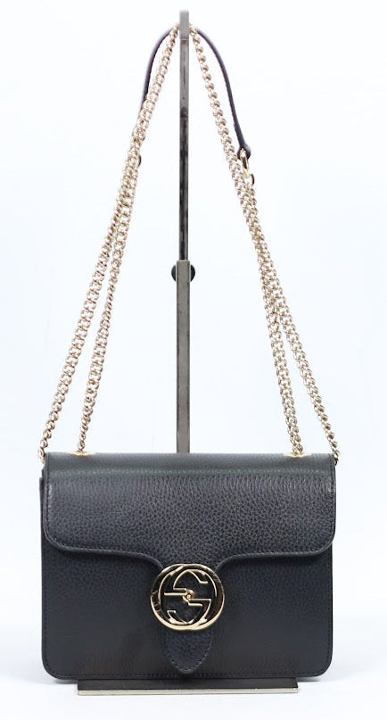 Gucci Black Leather GG Interlocking Chain ONE Shoulder Bag