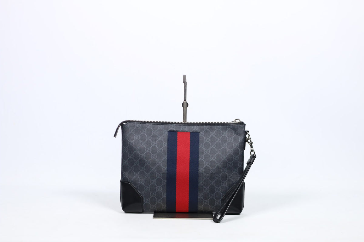 Gucci Black PVC GG Trim Supreme Triple Stripe ONE Clutch 523603