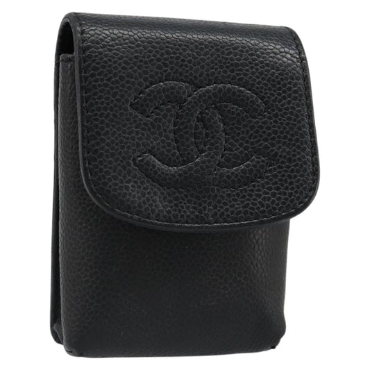 CHANEL Cigarette Case Caviar Skin Black Gold CC Auth 187166