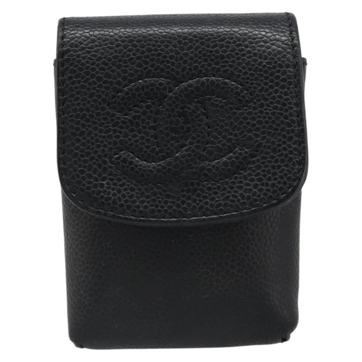 CHANEL Cigarette Case Caviar Skin Black Gold CC Auth 187166