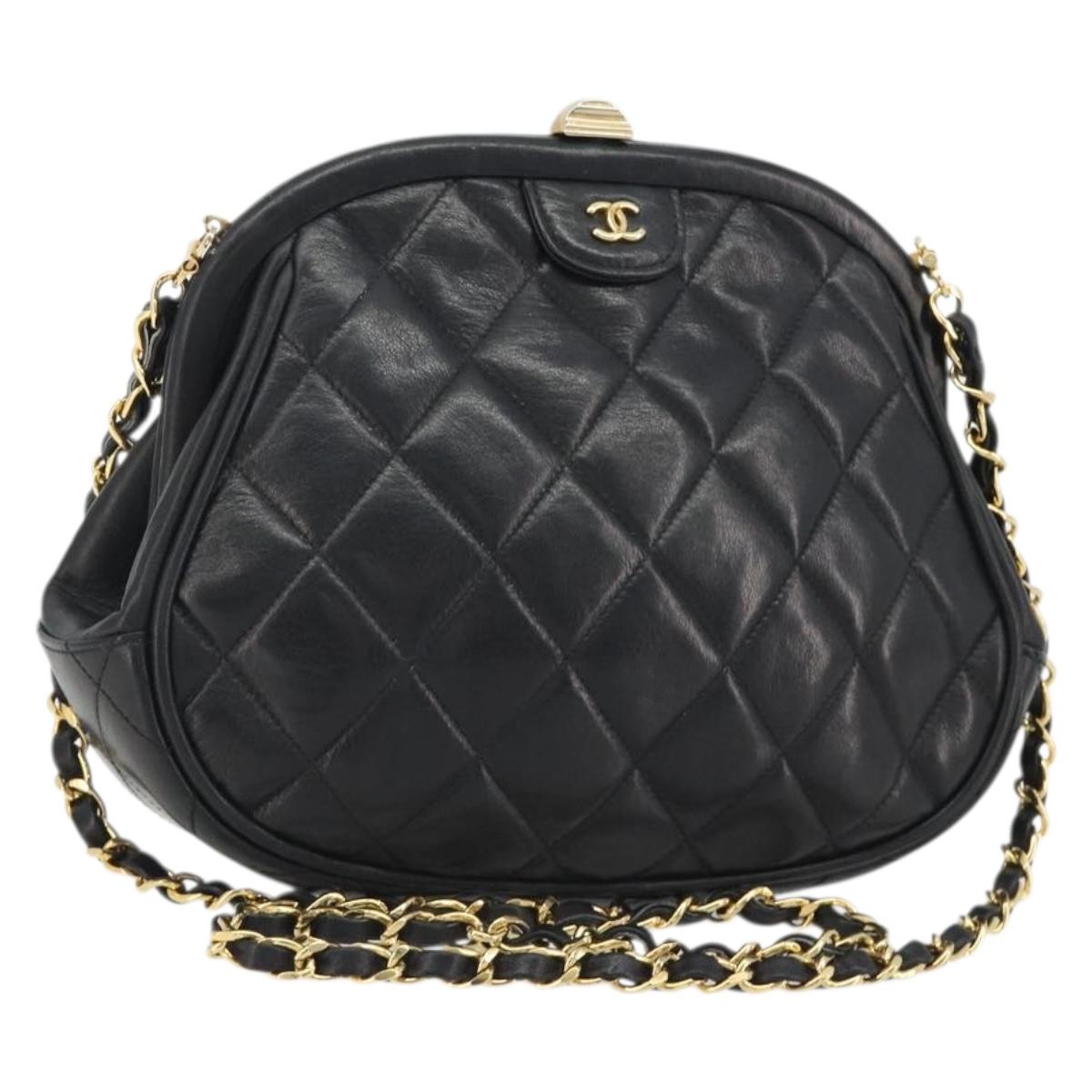 CHANEL Matelasse Chain Shoulder Bag Lamb Skin Black Gold CC Auth 188272