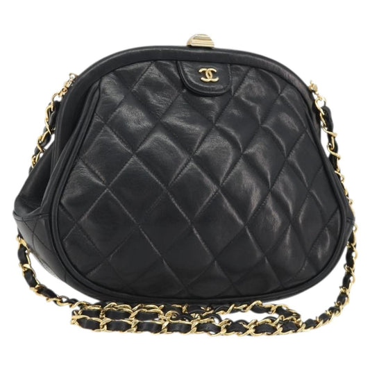 CHANEL Matelasse Chain Shoulder Bag Lamb Skin Black Gold CC Auth 188272
