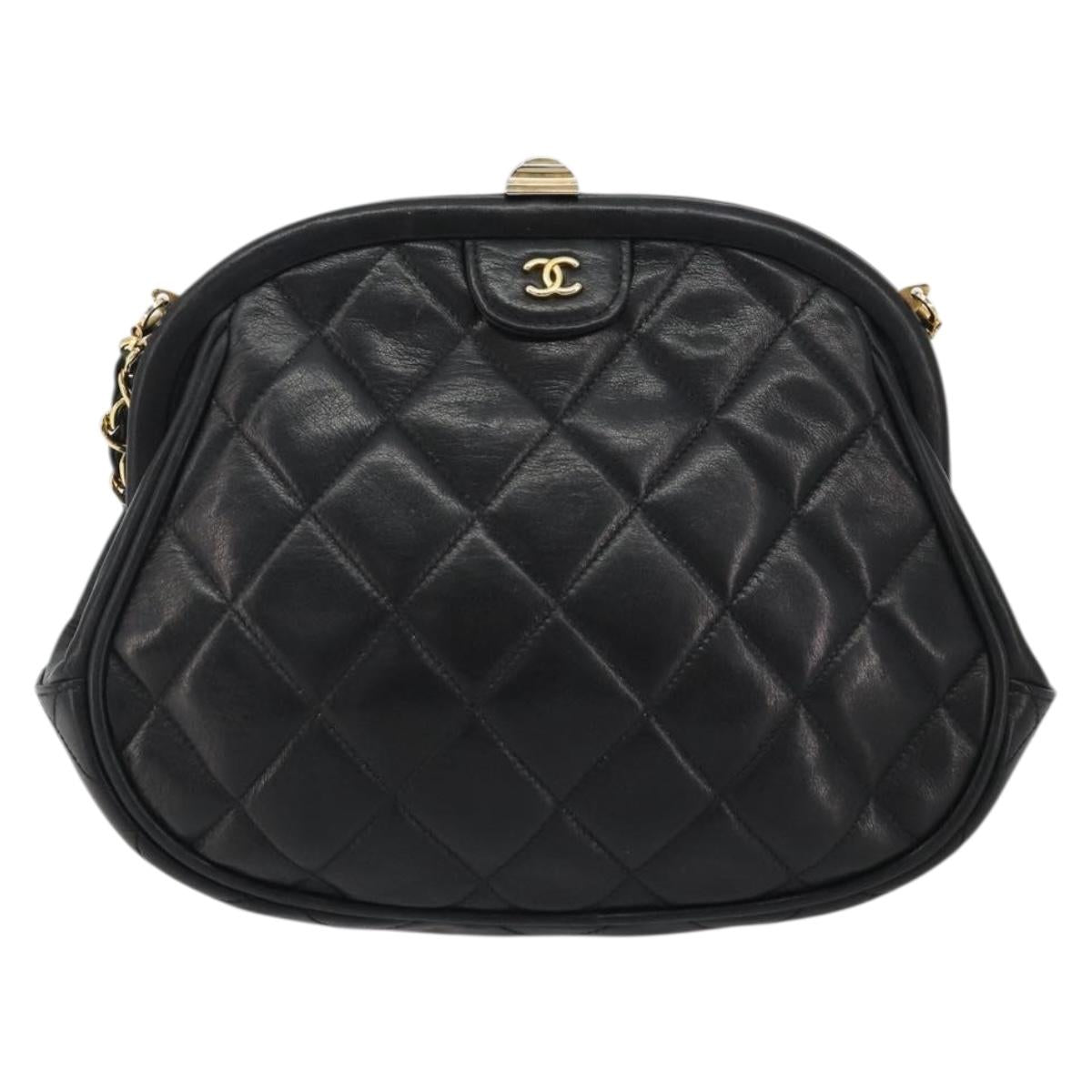 CHANEL Matelasse Chain Shoulder Bag Lamb Skin Black Gold CC Auth 188272