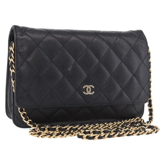 CHANEL Matelasse Chain Shoulder Bag Caviar Skin Black Gold CC Auth 188972