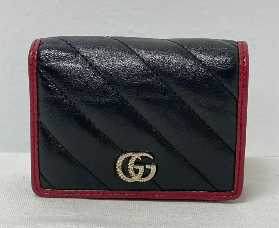Gucci Black Leather Red Stitch Torchon GG Marmont ONE Bifold Wallet 573811