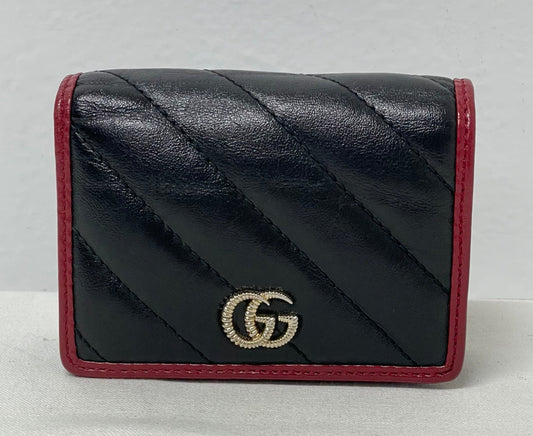Gucci Black Leather Red Stitch Torchon GG Marmont ONE Bifold Wallet 573811