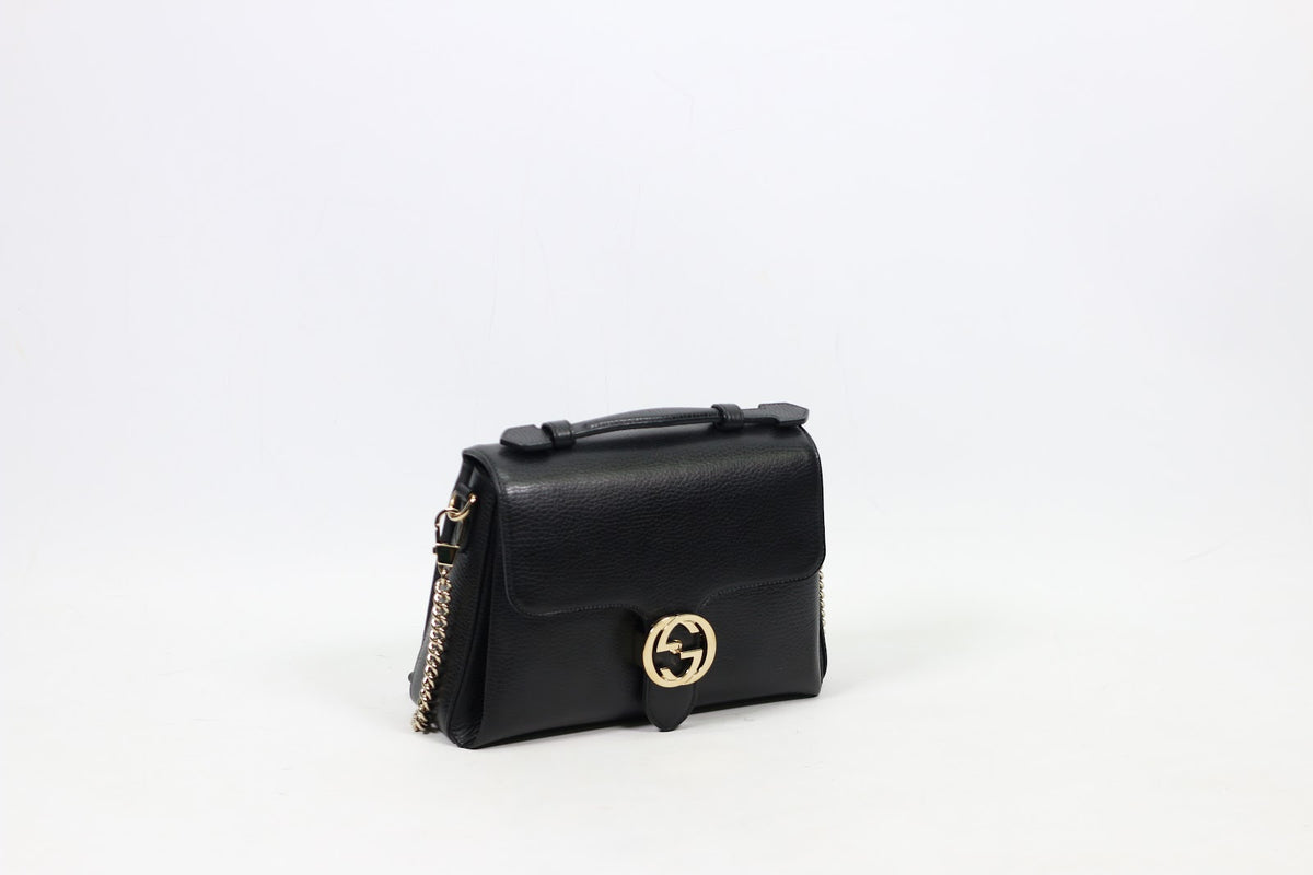 Gucci Black Leather Icon Interlocking Top Handle Chain ONE Shoulder Bag 510302