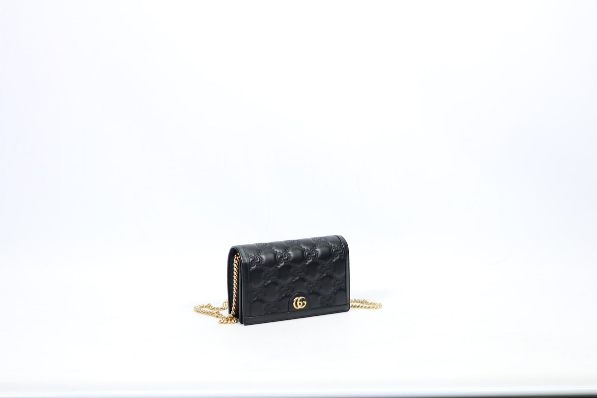 Gucci Black Leather GG Chain Wallet ONE Crossbody Bag 723787