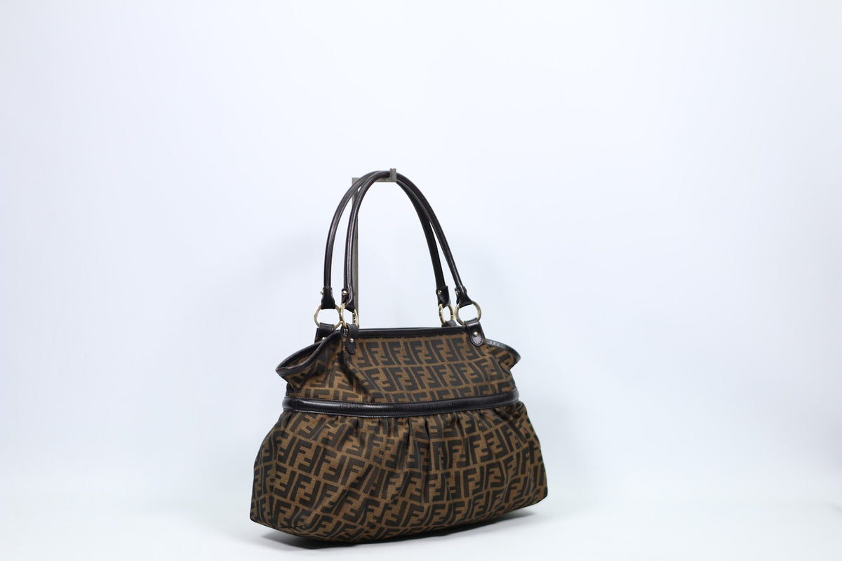 Fendi Brown Fabric FF Zucca Gold Detail ONE Shoulder Bag 8BH186 (V9610906)