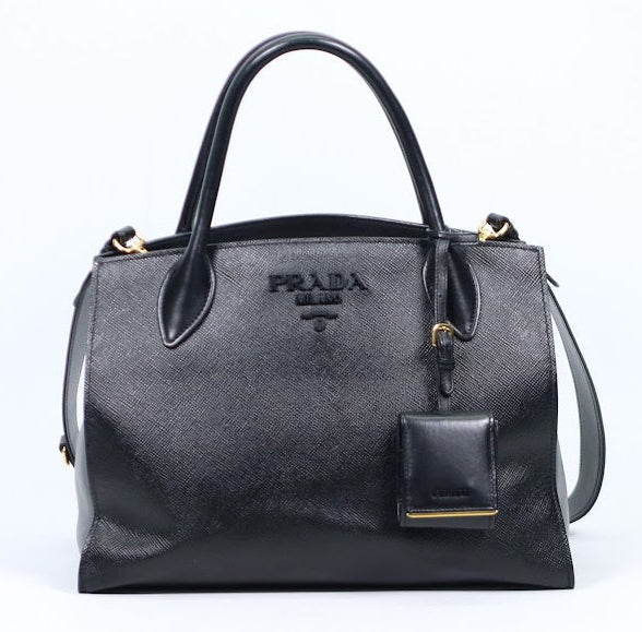 Prada Black Leather Saffiano Monochrome Small Shoulder Bag 1BA156