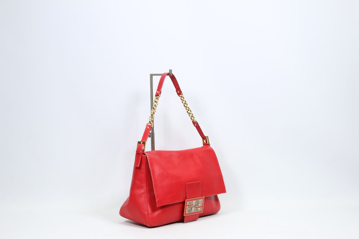 Fendi Red Leather FF Detail Metacrire Mamma Chain ONE Shoulder Bag 8BR638 (V9610904)