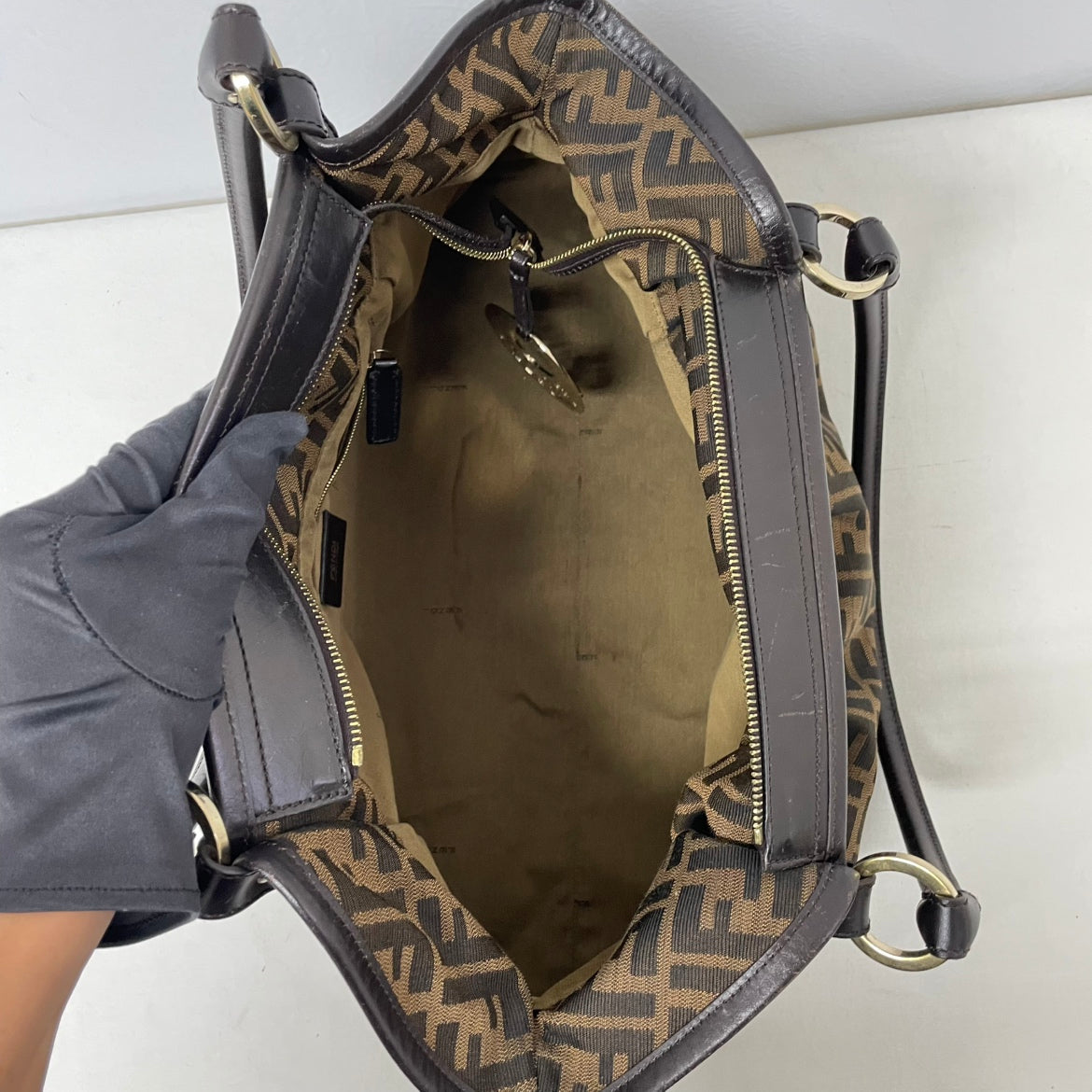 Fendi Brown Fabric FF Zucca Gold Detail ONE Shoulder Bag 8BH186 (V9610906)
