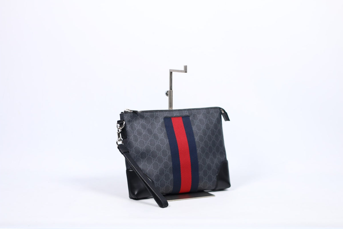 Gucci Black PVC GG Trim Supreme Triple Stripe ONE Clutch 523603