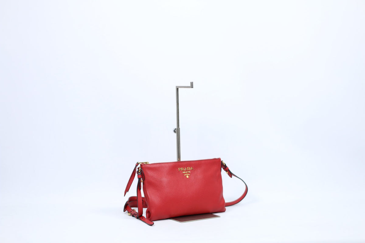 Prada Red Leather Gold Logo Detail Vitello Daino Square ONE Crossbody Bag 1BH050 (V165907)