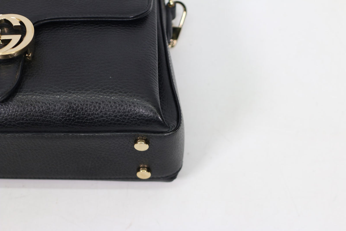 Gucci Black Leather Icon Interlocking Top Handle Chain ONE Shoulder Bag 510302