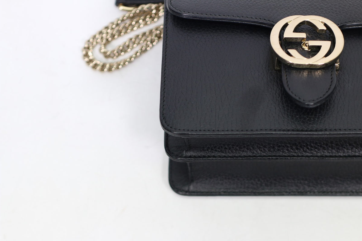Gucci Black Leather GG Interlocking Chain ONE Shoulder Bag