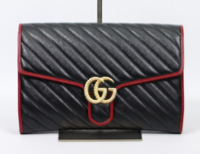 Gucci Black Leather Chevron GG Marmont ONE Clutch 498079