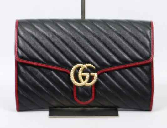 Gucci Black Leather Chevron GG Marmont ONE Clutch 498079