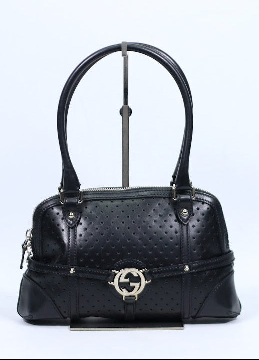 Gucci Black Leather Punched Silver Interlocking Perforated ONE Shoulder Bag 114882 (V7210917)