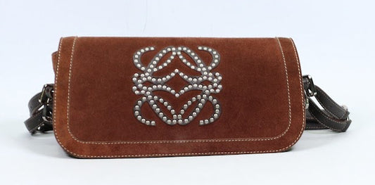Loewe Brown Leather Suede Studded Logo ONE Shoulder Bag 050505 (V615905)
