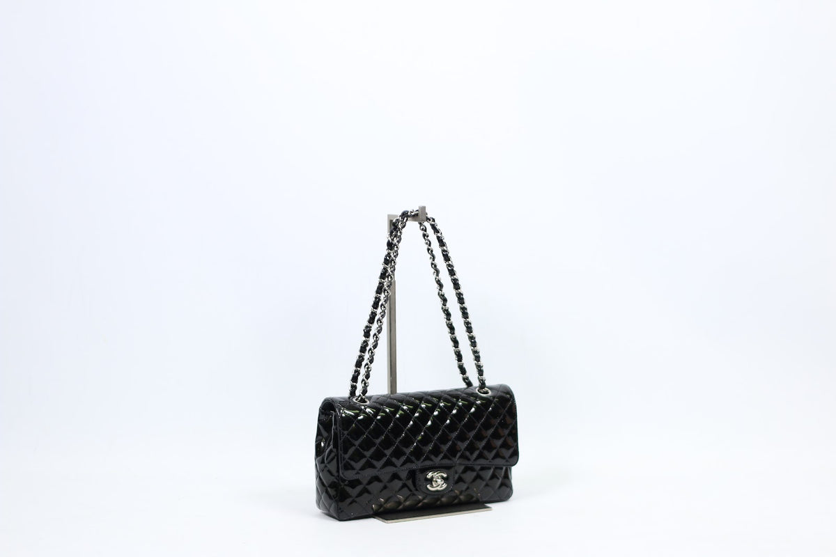 Chanel Black Leather Patent Secret Label Classic Flap ONE Shoulder Bag 11972443