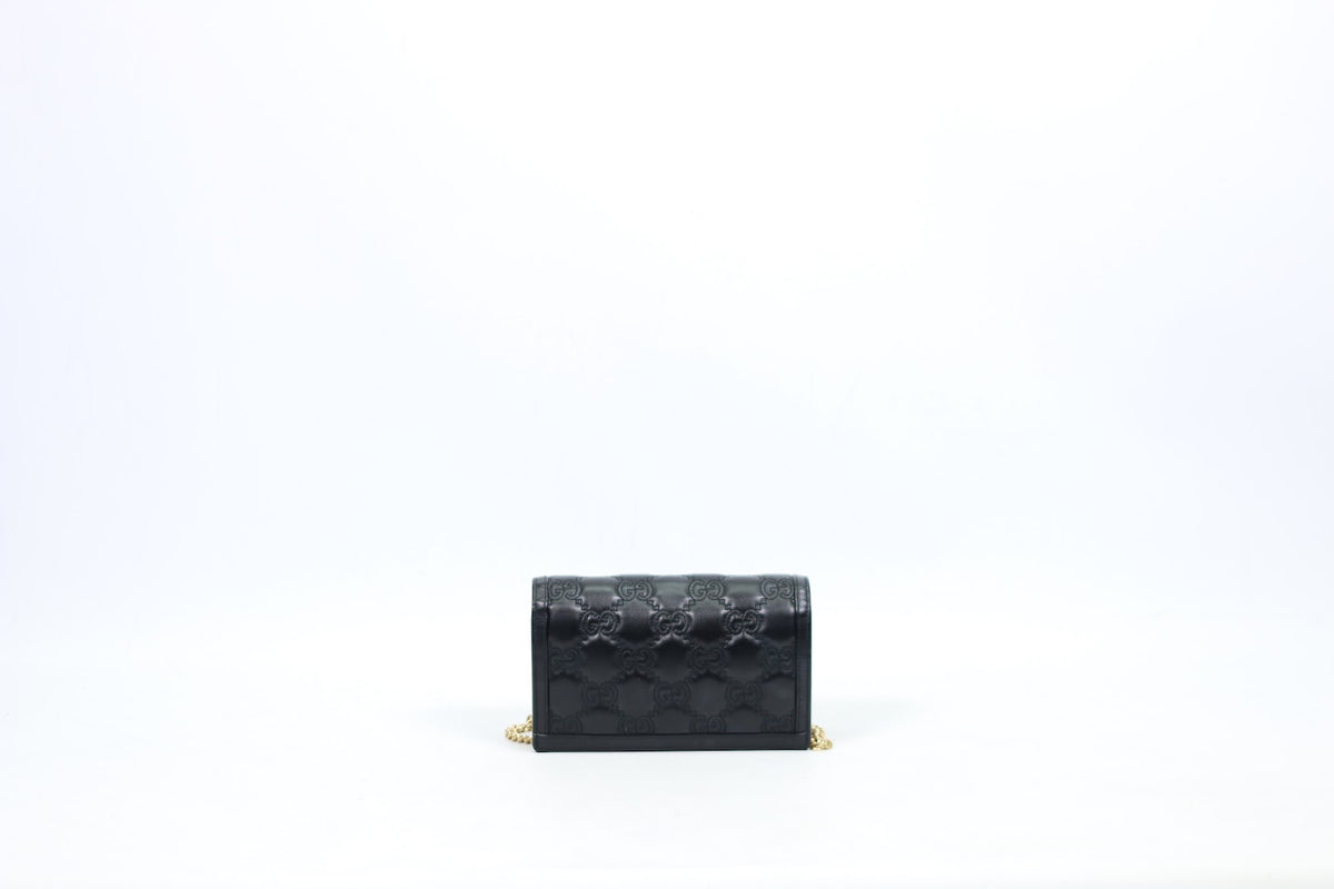 Gucci Black Leather GG Chain Wallet ONE Crossbody Bag 723787