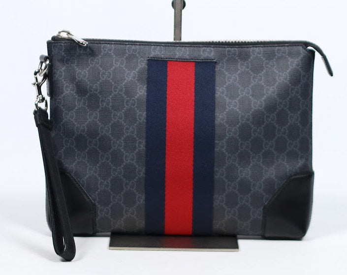 Gucci Black PVC GG Trim Supreme Triple Stripe ONE Clutch 523603