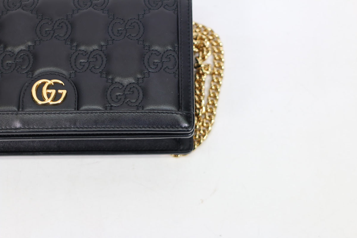 Gucci Black Leather GG Chain Wallet ONE Crossbody Bag 723787