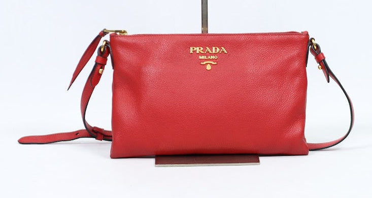 Prada Red Leather Gold Logo Detail Vitello Daino Square ONE Crossbody Bag 1BH050 (V165907)