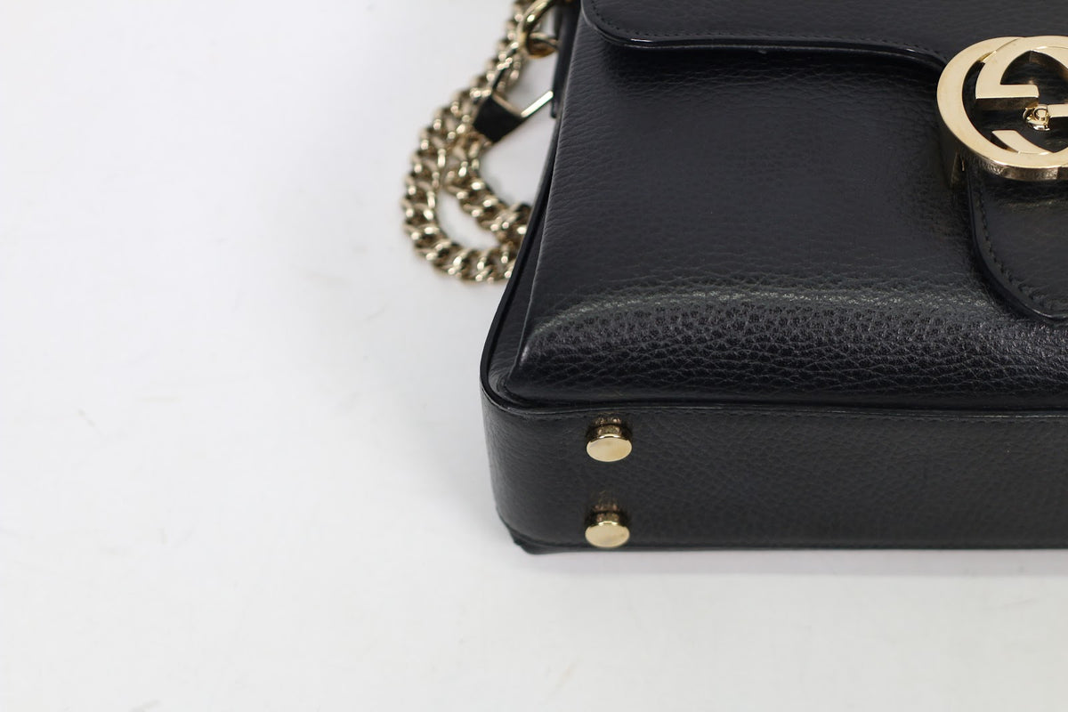Gucci Black Leather Icon Interlocking Top Handle Chain ONE Shoulder Bag 510302