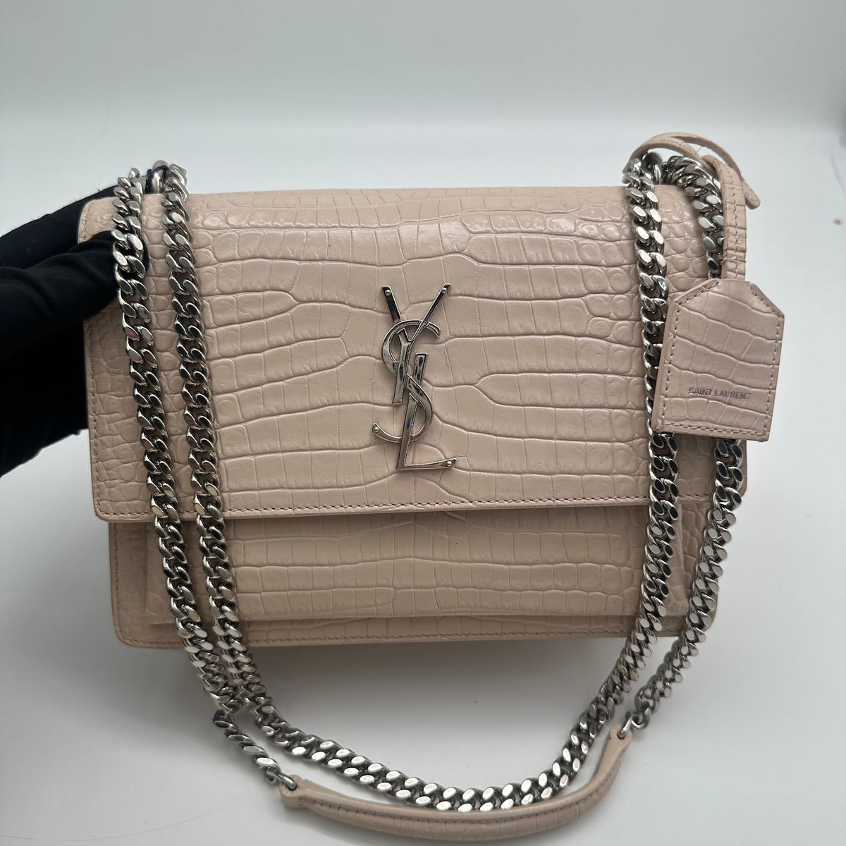 Saint Laurent Sunset croc-embossed shoulder bag in white