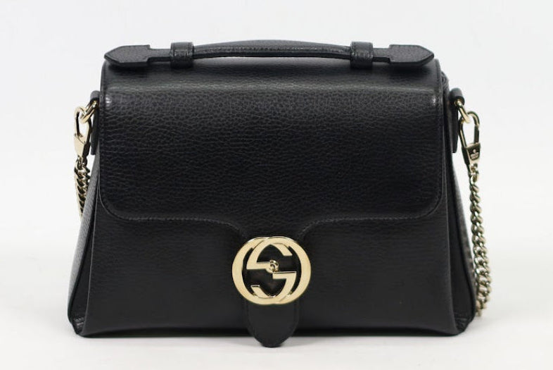Gucci Black Leather Icon Interlocking Top Handle Chain ONE Shoulder Bag 510302