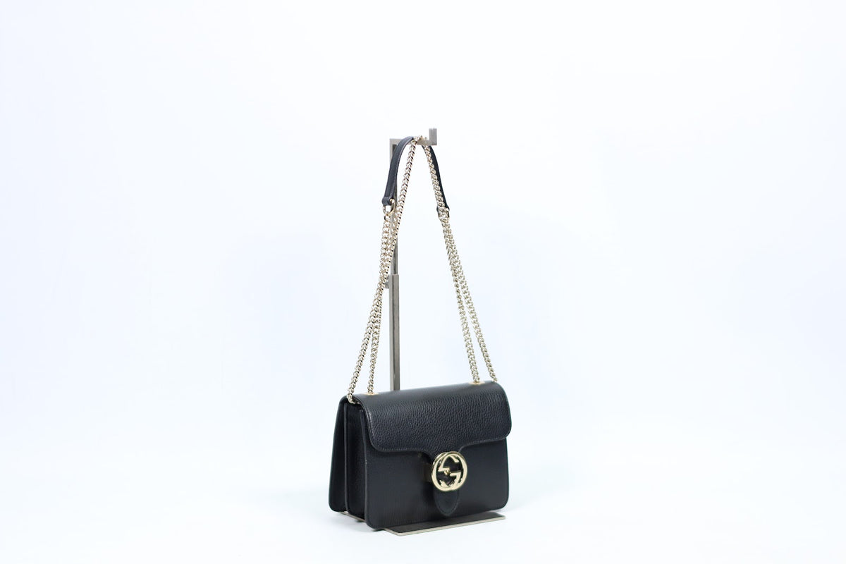 Gucci Black Leather GG Interlocking Chain ONE Shoulder Bag