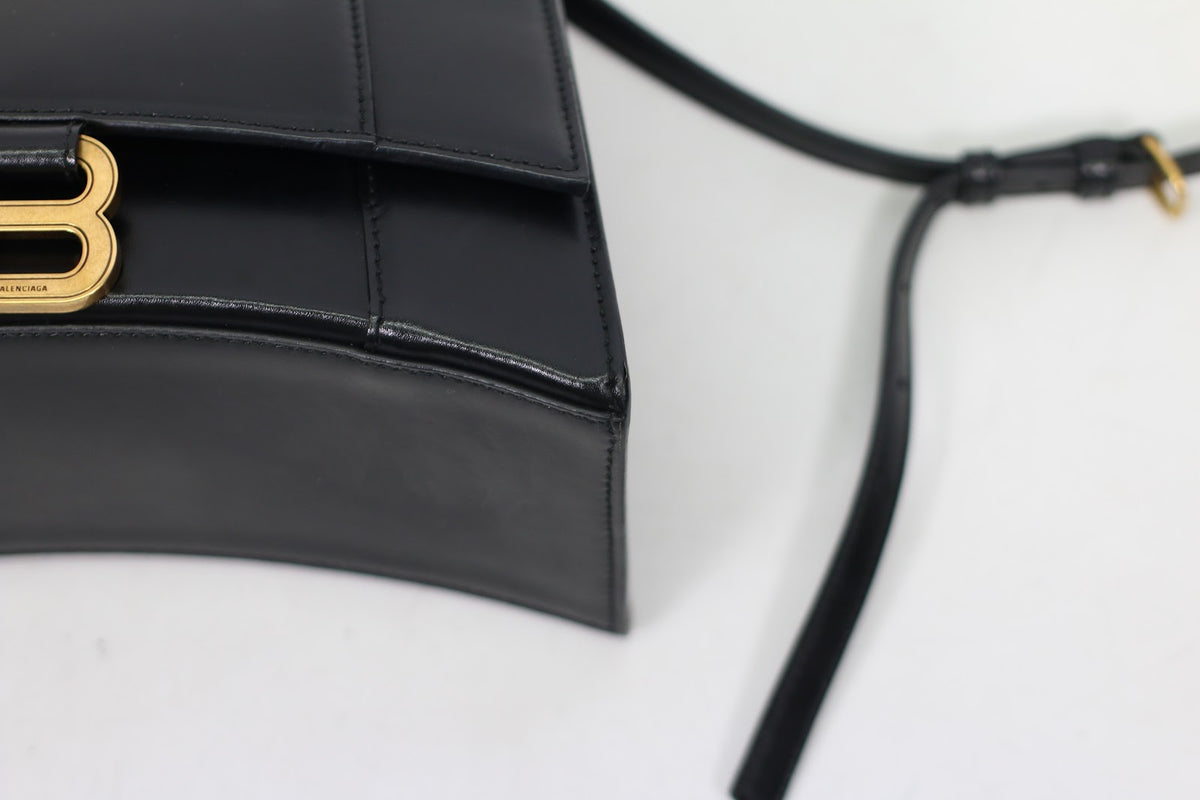 Balenciaga Black Leather Hourglass Top Handle Small Shoulder Bag 593546