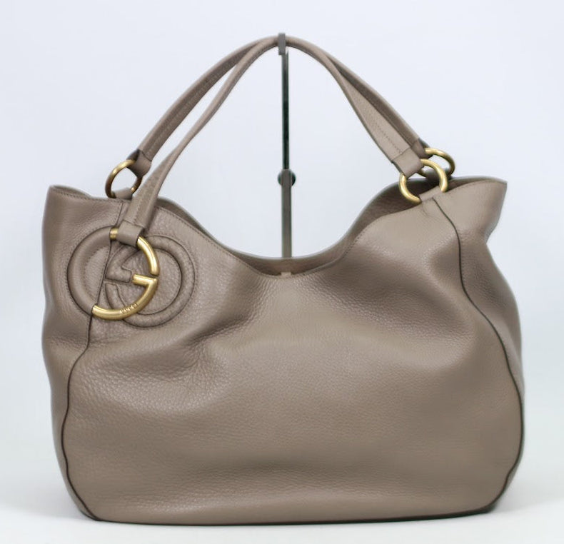 Gucci Gray Leather Woven Gold GG ONE Shoulder Bag 309531