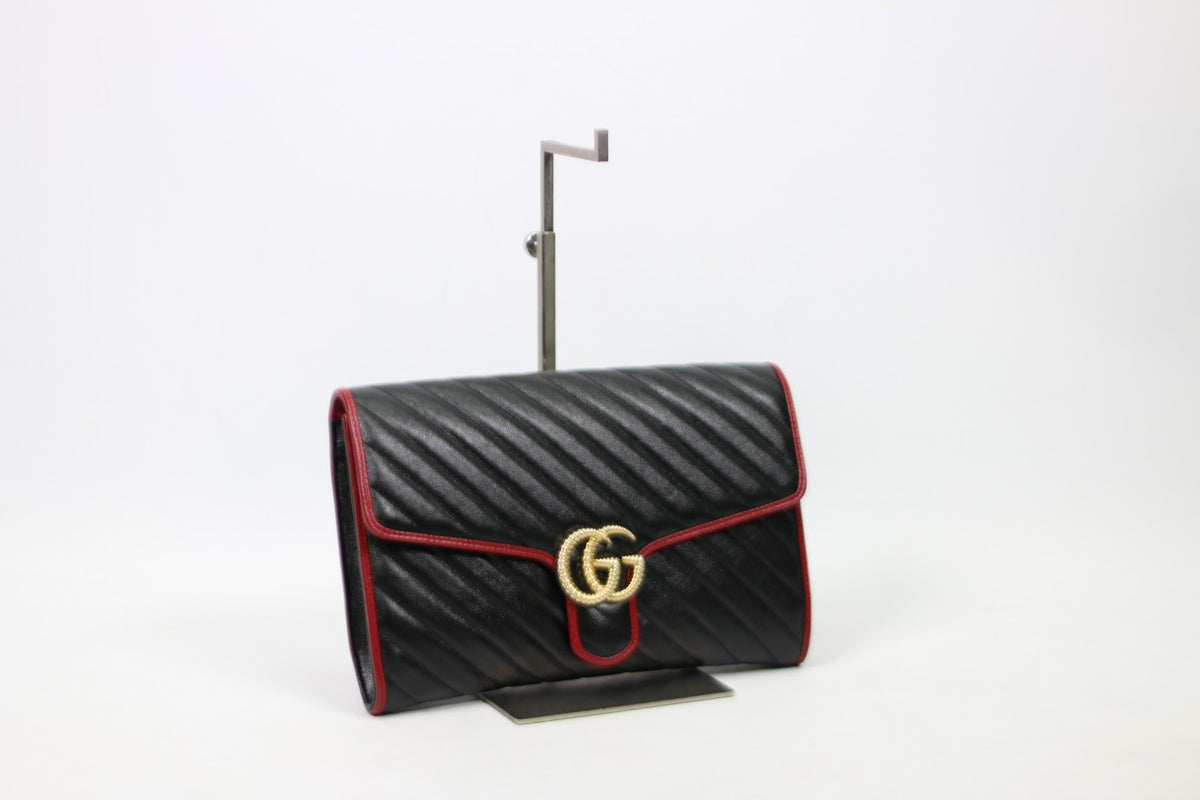 Gucci Black Leather Chevron GG Marmont ONE Clutch 498079