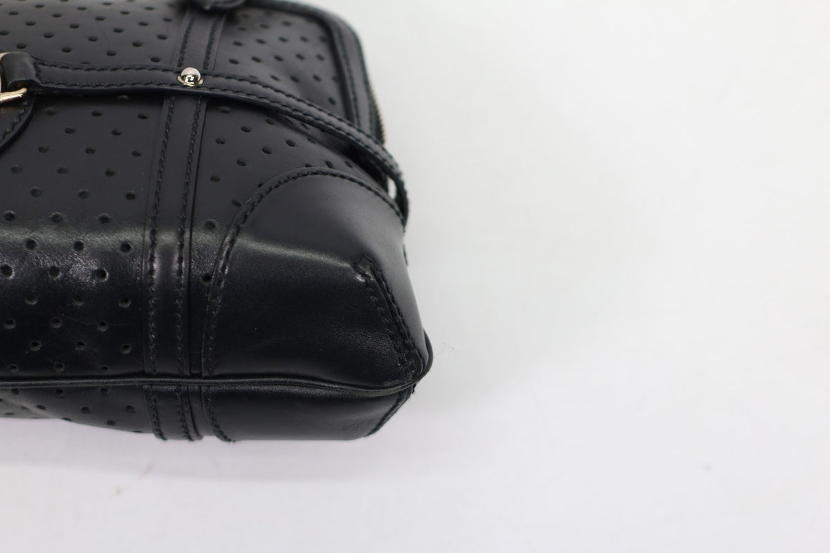 Gucci Black Leather Punched Silver Interlocking Perforated ONE Shoulder Bag 114882 (V7210917)