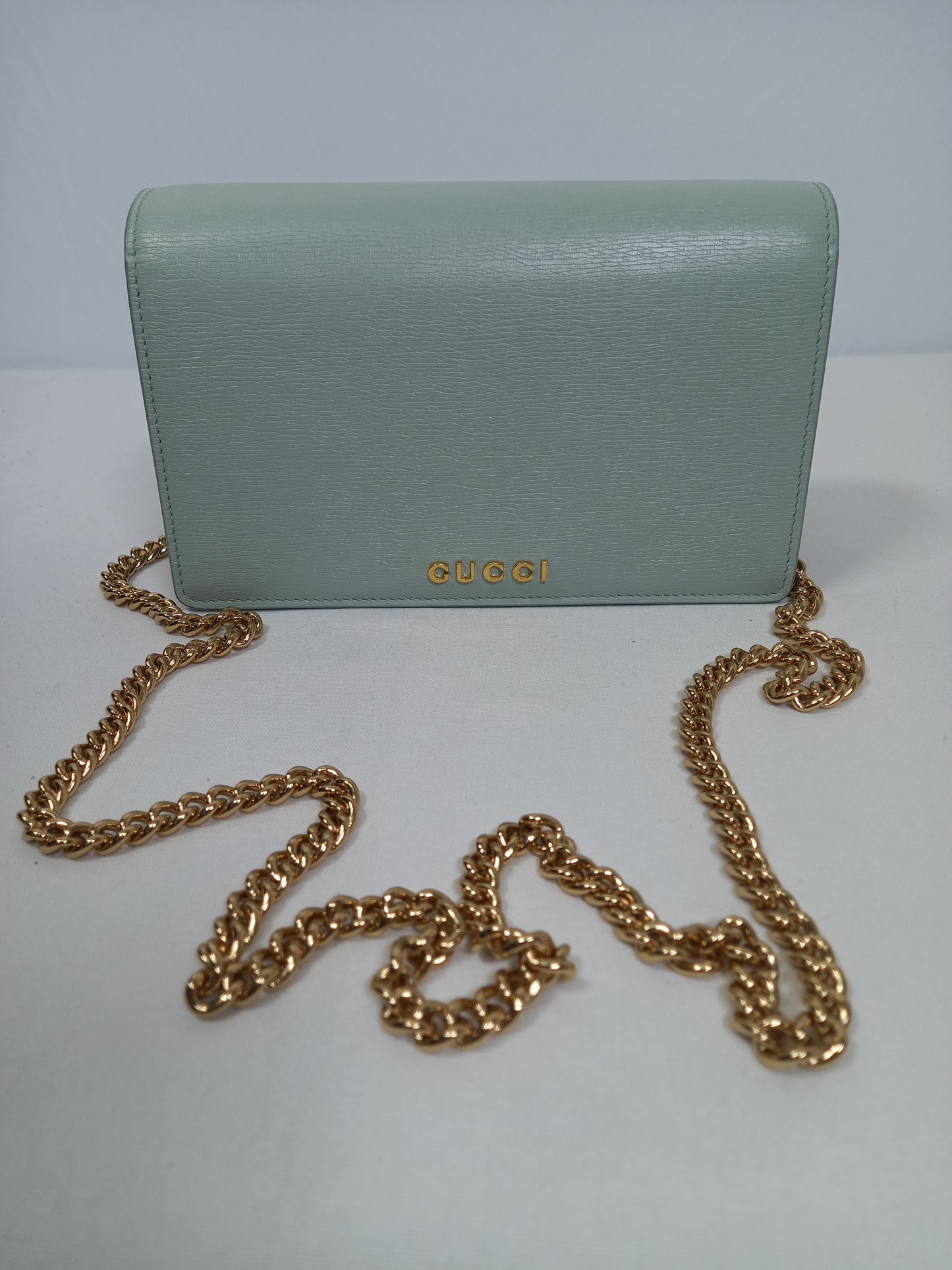 M0804P78 Gucci Script Chain Wallet in Pale Green (JP)