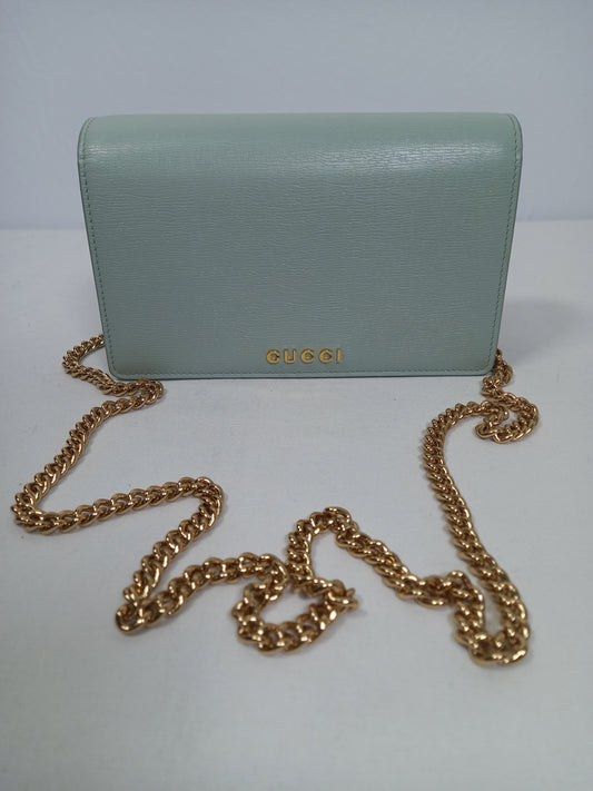 M0804P78 Gucci Script Chain Wallet in Pale Green (JP)