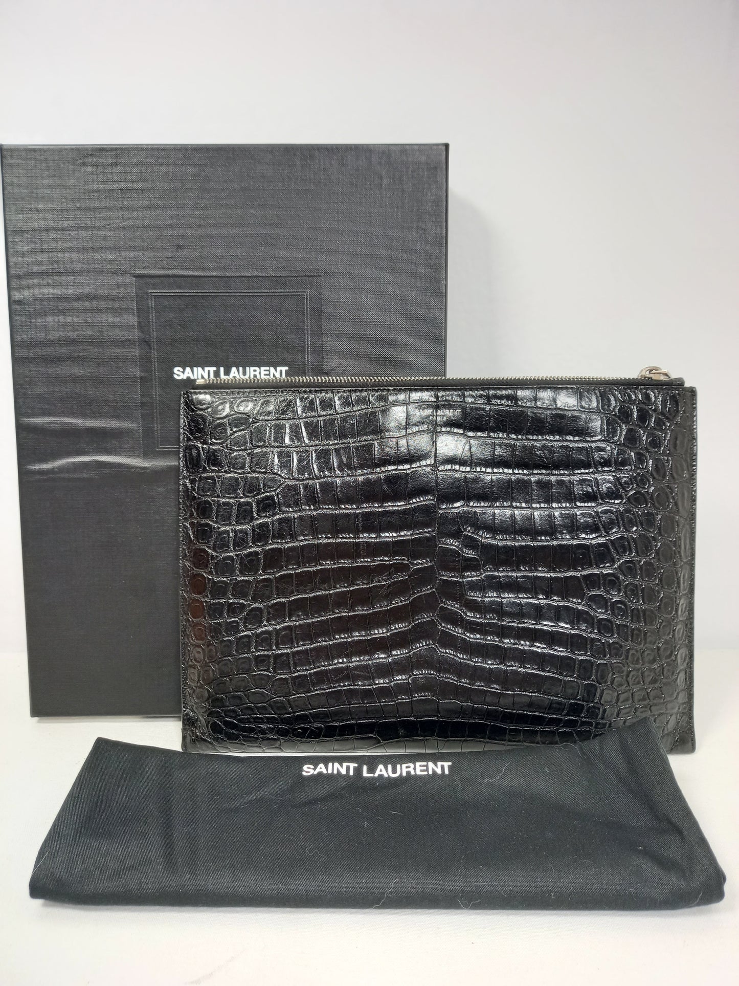 M0804P38 Saint Laurent Black Croc Embossed Leather Flat Pouch Bag (JP)