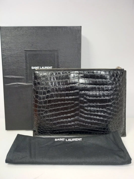 M0804P38 Saint Laurent Black Croc Embossed Leather Flat Pouch Bag (JP)