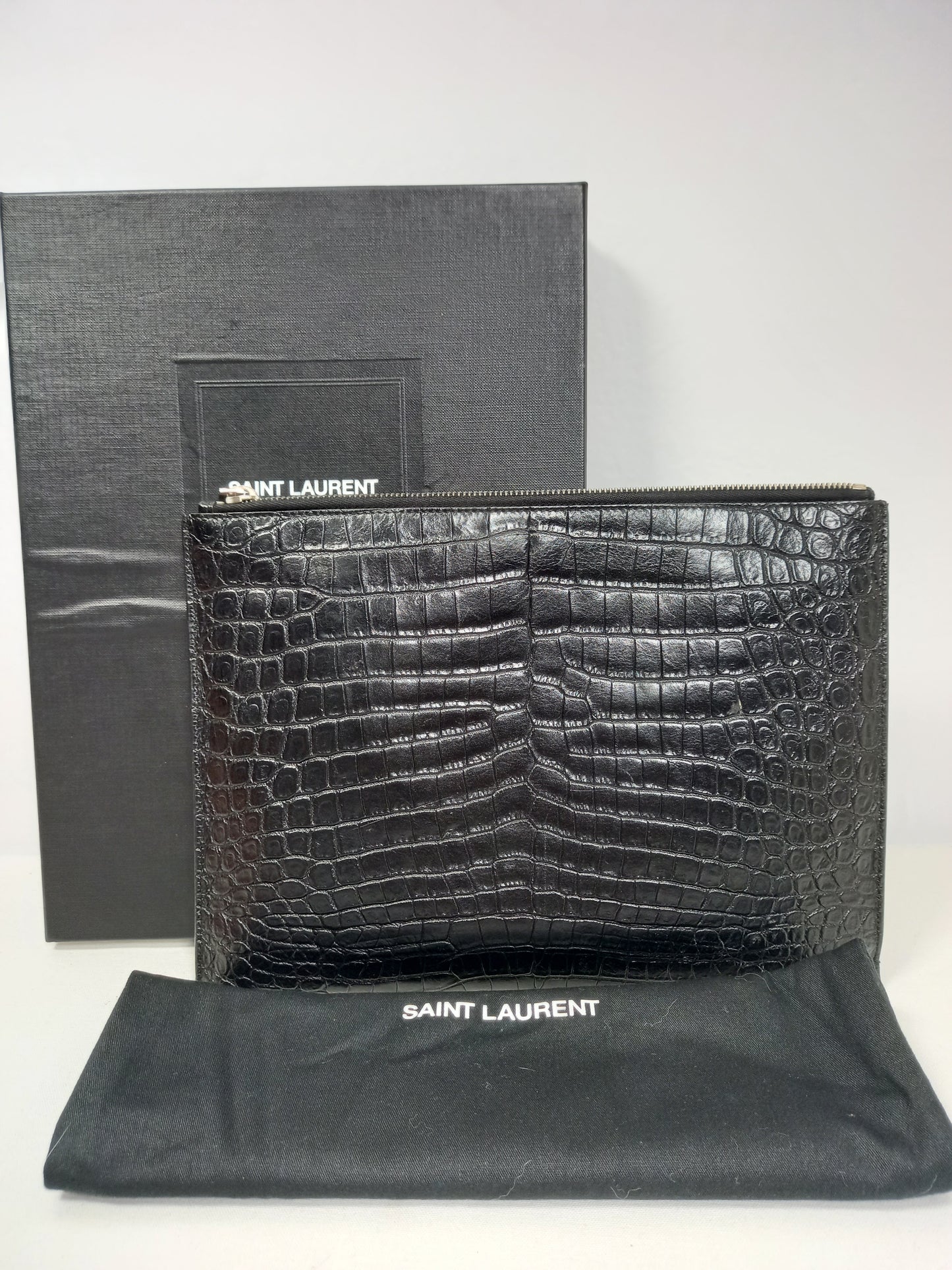 M0804P38 Saint Laurent Black Croc Embossed Leather Flat Pouch Bag (JP)