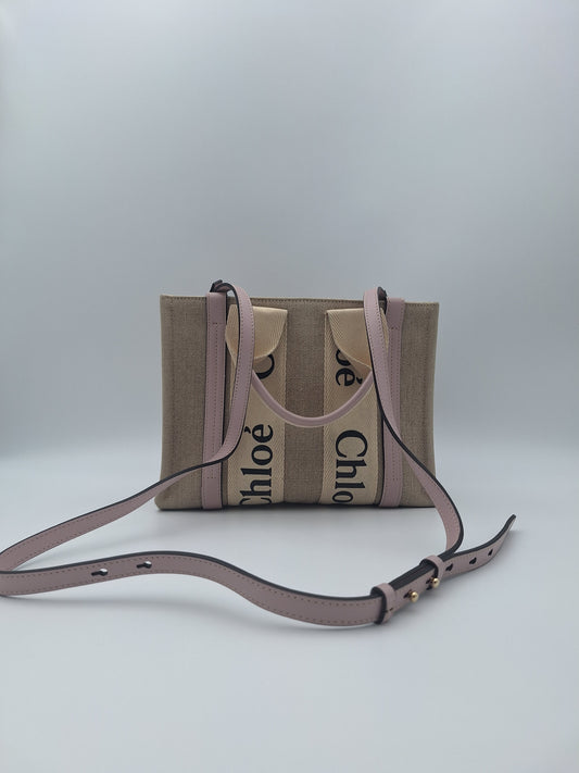 Chloe Ivory Canvas Pink Leather Trim Linen Woody Mini Shoulder Bag (US)