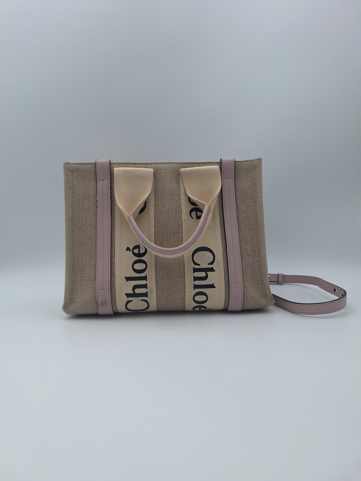 Chloe Ivory Canvas Pink Leather Trim Linen Woody Mini Shoulder Bag (US)