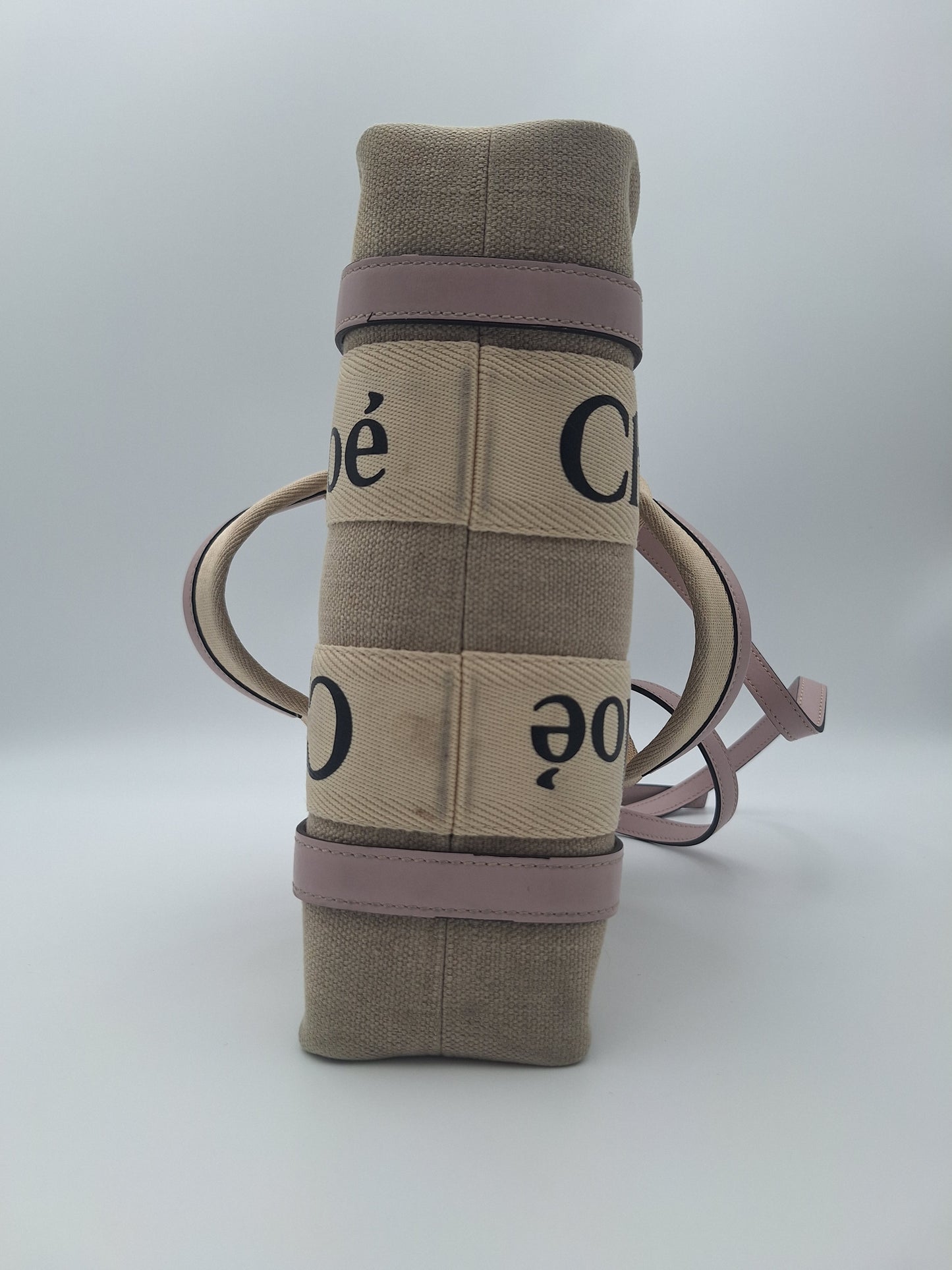 Chloe Ivory Canvas Pink Leather Trim Linen Woody Mini Shoulder Bag (US)